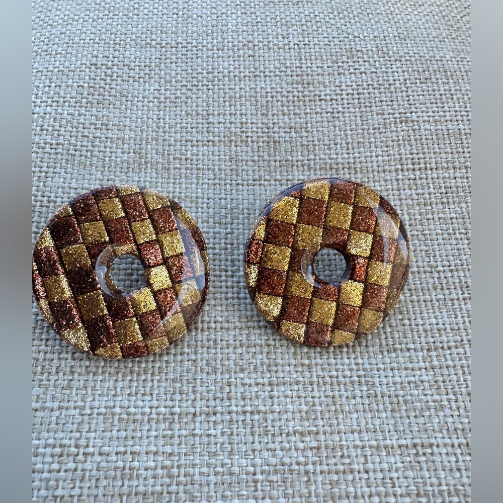 Checkered Polymer Clay Brown and Gold Button Earrings